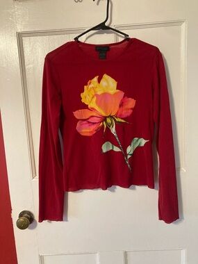 Express Red Long-Sleeve Tee with Yellow-Pink Floral